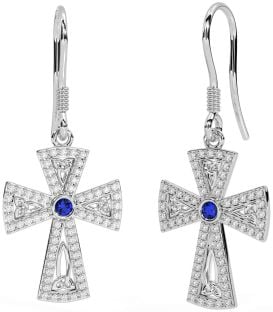 Diamond Sapphire White Gold Celtic Cross Trinity Knot Dangle Earrings