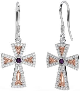 Diamond Alexandrite White Rose Gold Celtic Cross Trinity Knot Dangle Earrings