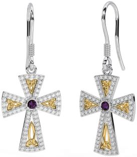 Diamant Alexandrite Blanc Jaune Or celtique Croix Trinité Noeud Pendre Des boucles d'oreilles