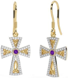 Diamond Amethyst Gold Celtic Cross Trinity Knot Dangle Earrings