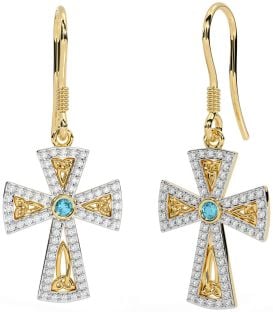 Diamond Aquamarine Gold Celtic Cross Trinity Knot Dangle Earrings