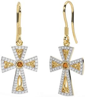 Diamond Citrine Gold Celtic Cross Trinity Knot Dangle Earrings