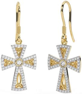 Diamond Gold Celtic Cross Trinity Knot Dangle Earrings