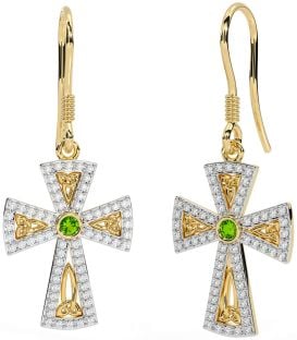 Diamond Peridot Gold Celtic Cross Trinity Knot Dangle Earrings