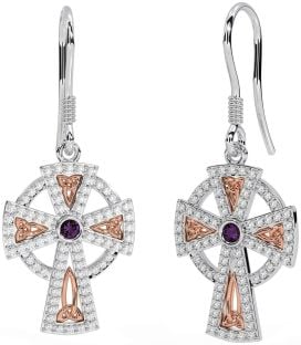 Diamond Alexandrite Rose Gold Silver Celtic Cross Dangle Earrings