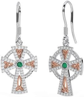 Diamond Emerald Rose Gold Silver Celtic Cross Dangle Earrings