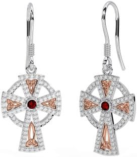 Diamond Garnet Rose Gold Silver Celtic Cross Dangle Earrings