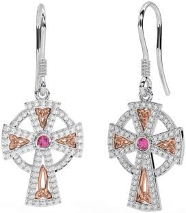 Diamond Pink Tourmaline Rose Gold Silver Celtic Cross Dangle Earrings