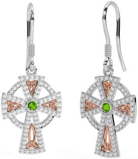 Diamond Peridot Rose Gold Silver Celtic Cross Dangle Earrings