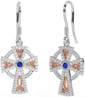 Diamond Sapphire Rose Gold Silver Celtic Cross Dangle Earrings