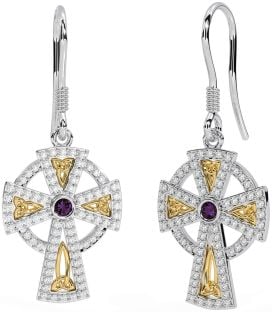 Diamond Alexandrite Gold Silver Celtic Cross Dangle Earrings