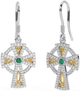 Diamond Emerald Gold Silver Celtic Cross Dangle Earrings