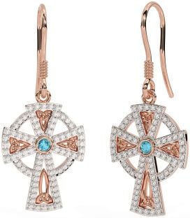 Diamond Aquamarine Rose Gold Silver Celtic Cross Dangle Earrings