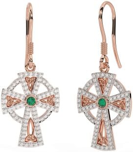 Diamond Emerald Rose Gold Silver Celtic Cross Dangle Earrings