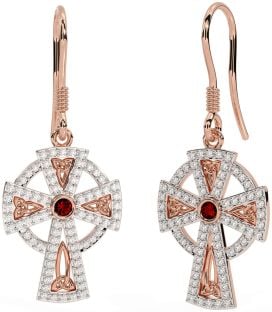 Diamond Garnet Rose Gold Silver Celtic Cross Dangle Earrings