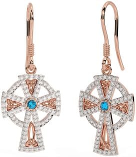 Diamond Topaz Rose Gold Silver Celtic Cross Dangle Earrings