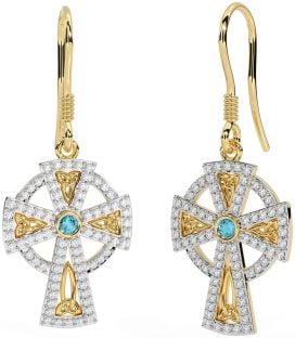 Diamond Aquamarine Gold Silver Celtic Cross Dangle Earrings