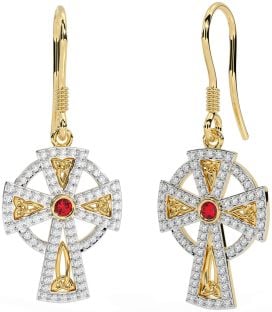 Diamond Ruby Gold Silver Celtic Cross Dangle Earrings