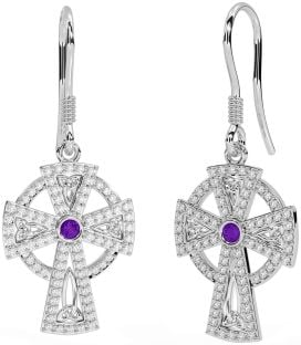 Diamond Amethyst Silver Celtic Cross Dangle Earrings