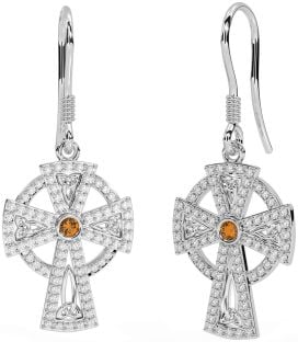 Diamond Citrine Silver Celtic Cross Dangle Earrings