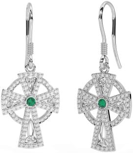 Diamond Emerald Silver Celtic Cross Dangle Earrings