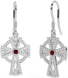 Diamond Garnet Silver Celtic Cross Dangle Earrings