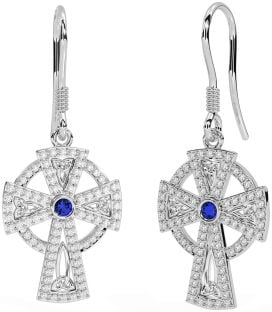 Diamond Sapphire Silver Celtic Cross Dangle Earrings