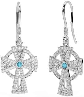 Diamond Aquamarine White Gold Celtic Cross Dangle Earrings