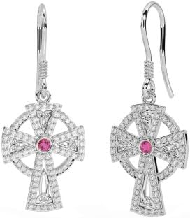 Diamant Rose Tourmalines Blanc Or celtique Croix Pendre Des boucles d'oreilles