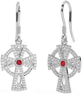 Diamond Ruby White Gold Celtic Cross Dangle Earrings