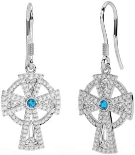 Diamond Topaz White Gold Celtic Cross Dangle Earrings