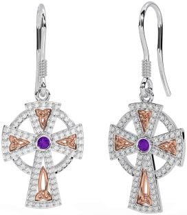 Diamond Amethyst White Rose Gold Celtic Cross Dangle Earrings