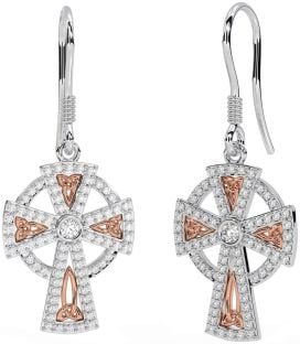 Diamond White Rose Gold Celtic Cross Dangle Earrings