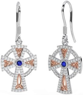 Diamond Sapphire White Rose Gold Celtic Cross Dangle Earrings