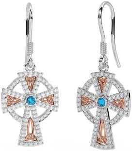 Diamond Topaz White Rose Gold Celtic Cross Dangle Earrings