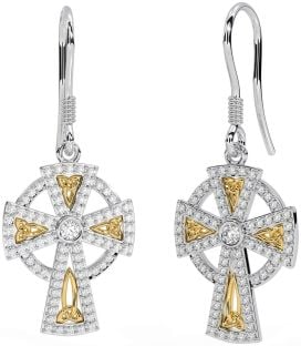 Diamond White Yellow Gold Celtic Cross Dangle Earrings