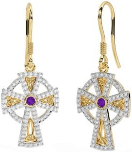 Diamond Amethyst Gold Celtic Cross Dangle Earrings