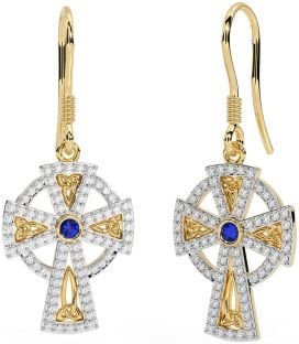 Diamond Sapphire Gold Celtic Cross Dangle Earrings