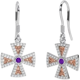 Diamond Amethyst Rose Gold Silver Celtic Cross Trinity Knot Dangle Earrings