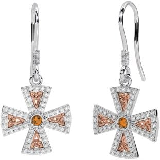 Diamond Citrine Rose Gold Silver Celtic Cross Trinity Knot Dangle Earrings