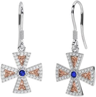 Diamond Sapphire Rose Gold Silver Celtic Cross Trinity Knot Dangle Earrings