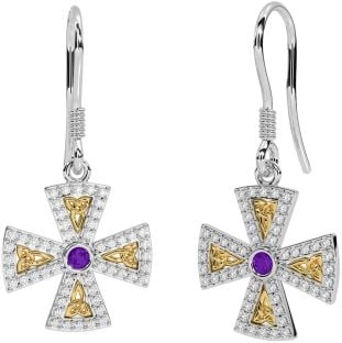 Diamond Amethyst Gold Silver Celtic Cross Trinity Knot Dangle Earrings