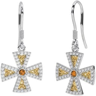 Diamond Citrine Gold Silver Celtic Cross Trinity Knot Dangle Earrings