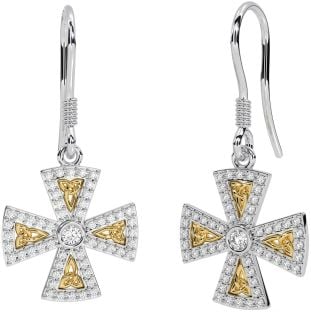 Diamond Gold Silver Celtic Cross Trinity Knot Dangle Earrings