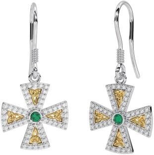 Diamond Emerald Gold Silver Celtic Cross Trinity Knot Dangle Earrings