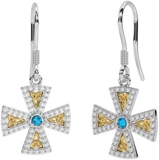 Diamond Topaz Gold Silver Celtic Cross Trinity Knot Dangle Earrings