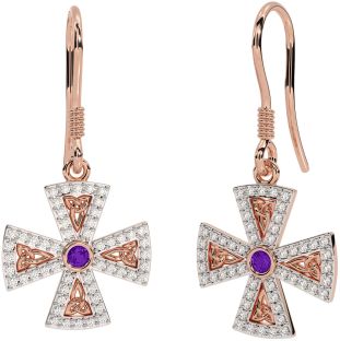 Diamond Amethyst Rose Gold Silver Celtic Cross Trinity Knot Dangle Earrings