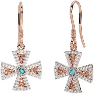 Diamond Aquamarine Rose Gold Silver Celtic Cross Trinity Knot Dangle Earrings