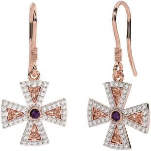 Diamond Alexandrite Rose Gold Silver Celtic Cross Trinity Knot Dangle Earrings