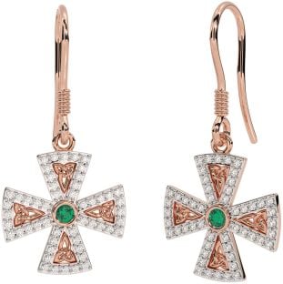 Diamond Emerald Rose Gold Silver Celtic Cross Trinity Knot Dangle Earrings